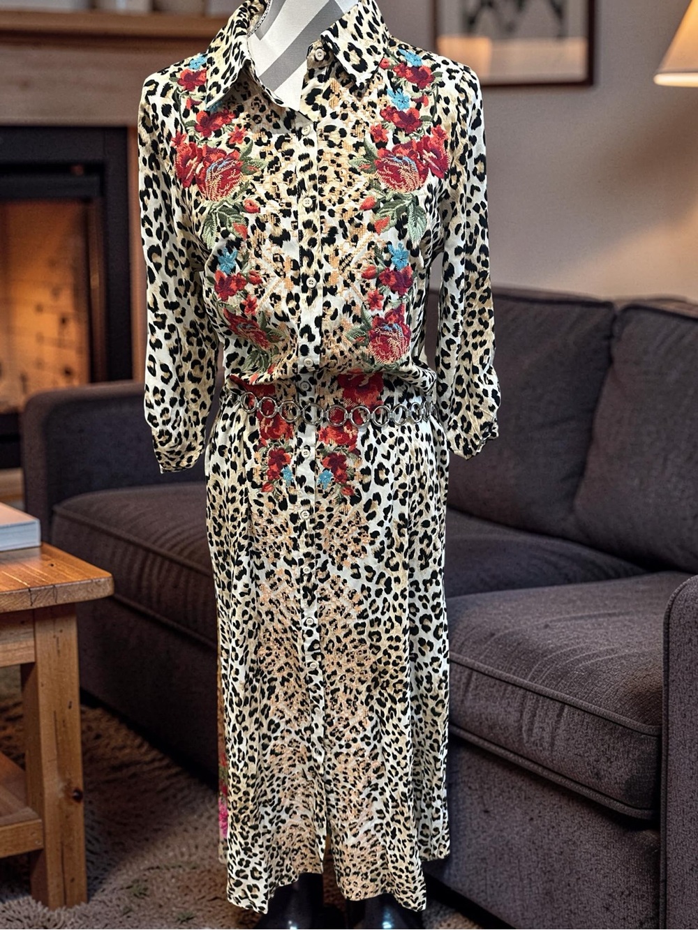 🆕 NWT Savanna Jane Embroidered Leopard Print Maxi Dress  Boho Western Floral S
